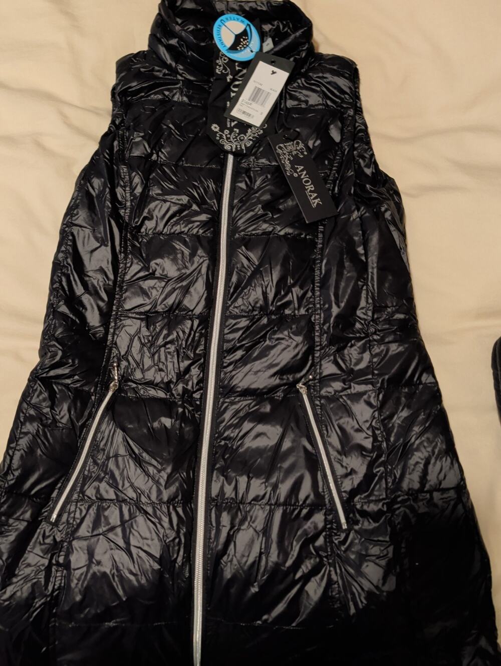 My Anorak Glossy Black Quilted Puffer Vest Women's Size S NWT Water Resistant